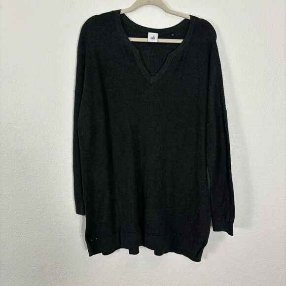 Cabi Grey V Neck Long Sleeve Ribbed Pullover Sweater - Picture 1 of 7